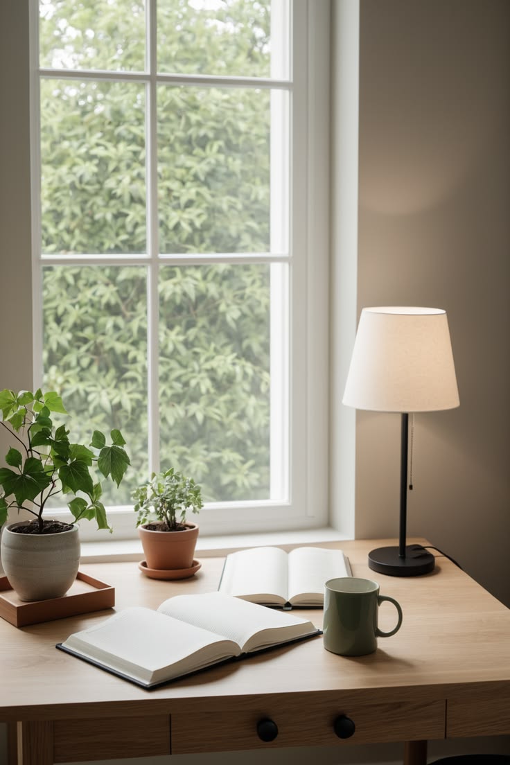 A tidy desk corner with a warm cup, an open notebook and a small potted plant beside a sunlit window