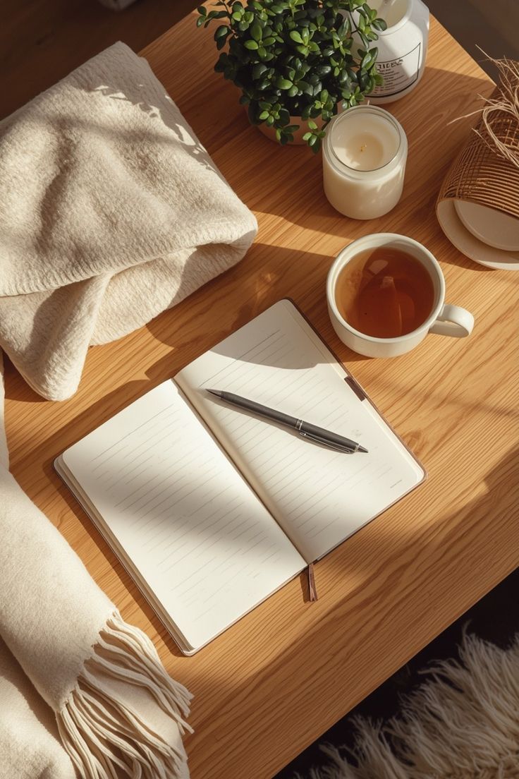An open weekly planner and a cup on a wooden table near a window with soft morning light
